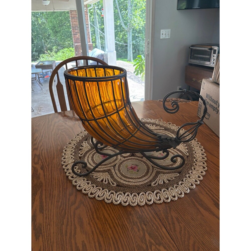 Huge Amber Glass Cornucopia Horn of Plenty Metal Stand Fall Decor